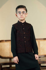 Black Embossed Embroidered Waistcoat Suit KD - 6
