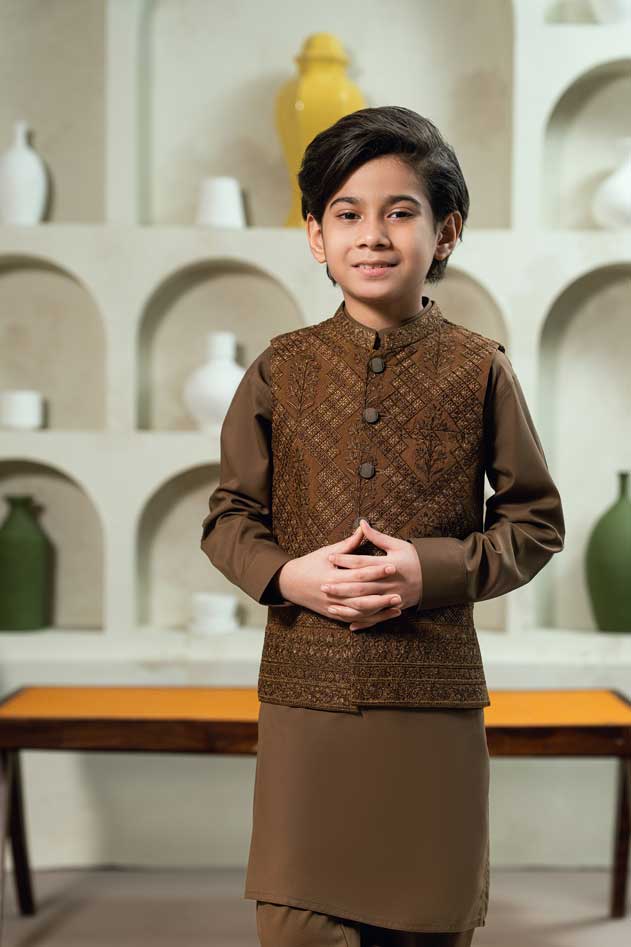 Brown Embroidered Waistcoat Suit KD - 10