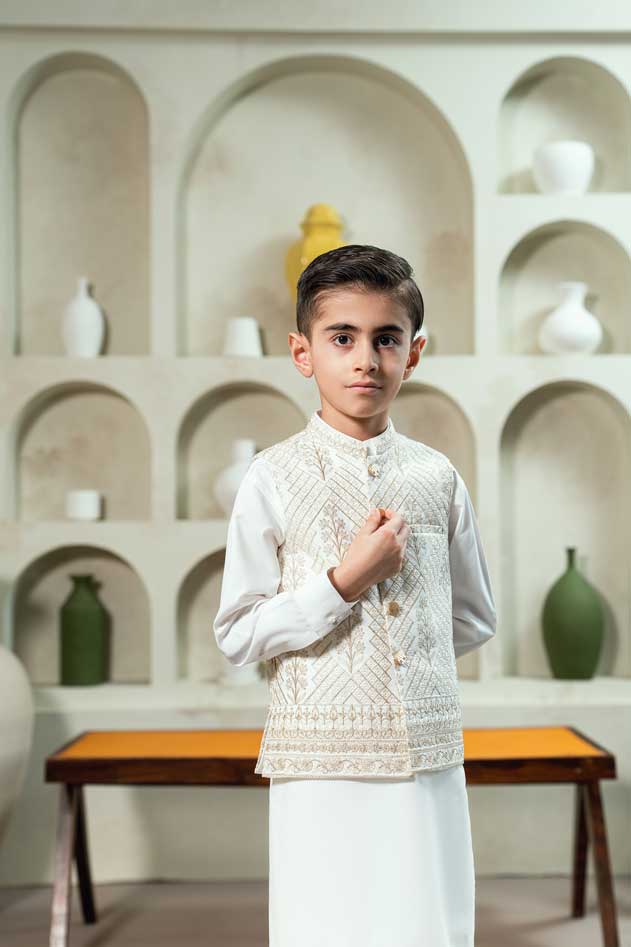 White Embroidered Waistcoat Suit KD - 11