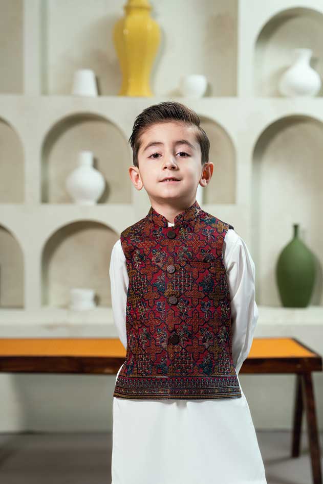 Deep Maroon Embroidered Waistcoat Suit KD - 11