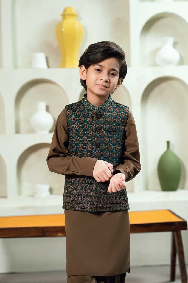 Teal Embroidered Waistcoat Suit KD - 12