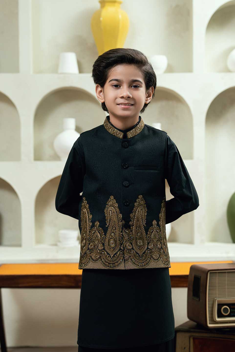 Black Gold Embroidered Waistcoat Suit KD - 17