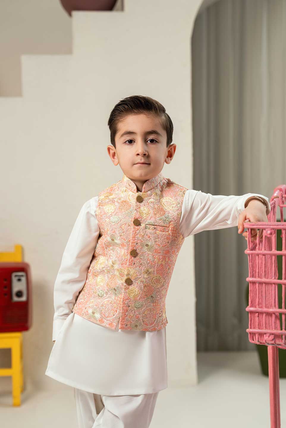 Light Pink Embroidered Waistcoat Suit KD - 26