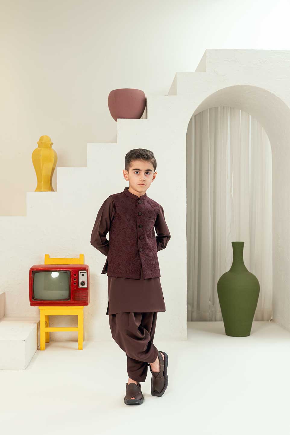 Plum Embossed  Embroidered Waistcoat Suit KD - 28