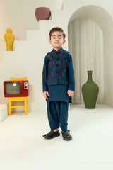 Teal Blue Embroidered Waistcoat Suit KD - 29