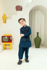 Teal Blue Embroidered Waistcoat Suit KD - 29