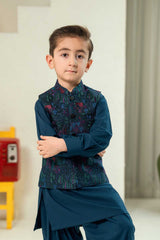 Teal Blue Embroidered Waistcoat Suit KD - 29