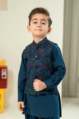 Teal Blue Embroidered Waistcoat Suit KD - 29