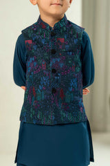 Teal Blue Embroidered Waistcoat Suit KD - 29