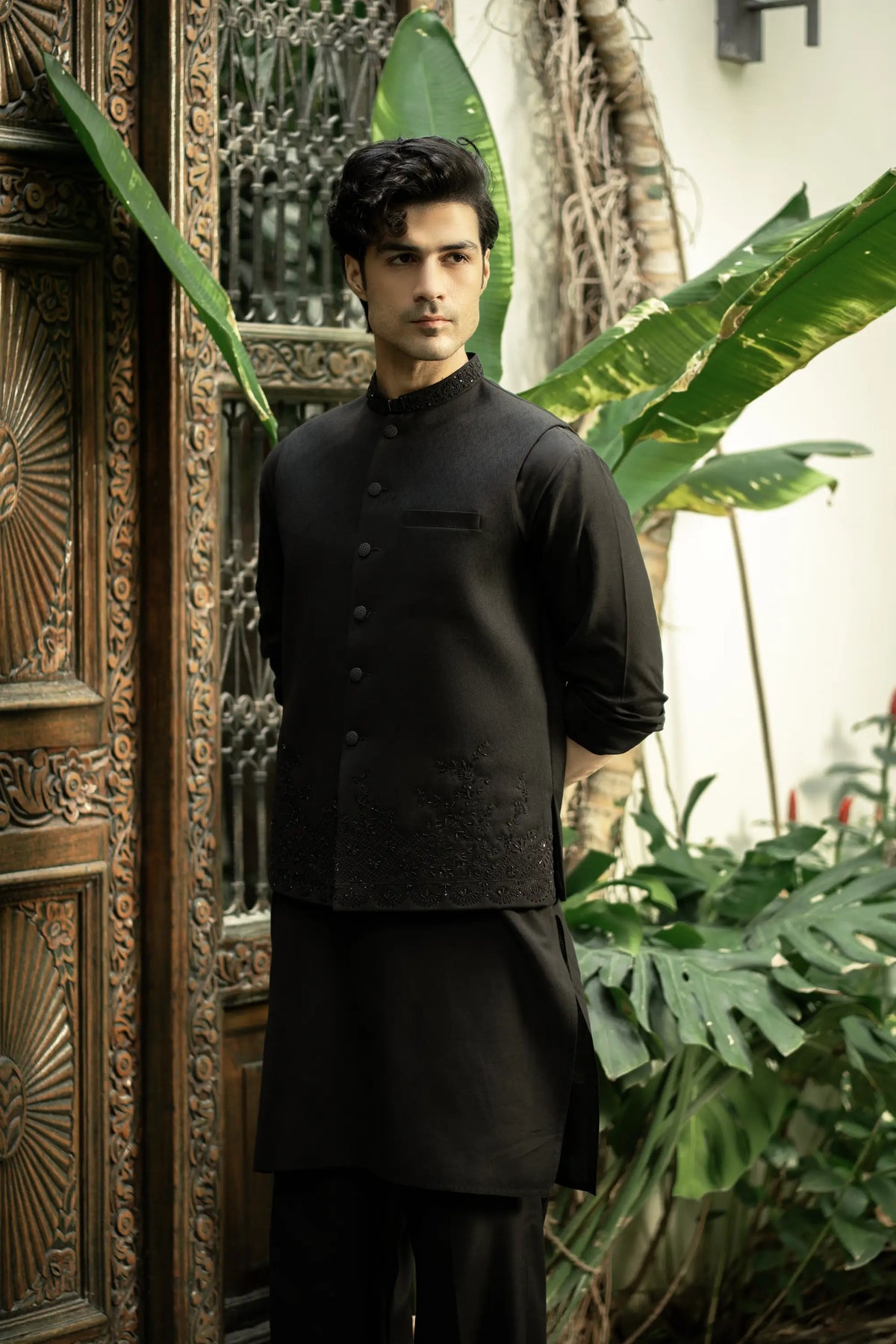 Black Embroidered Waistcoat W-2963