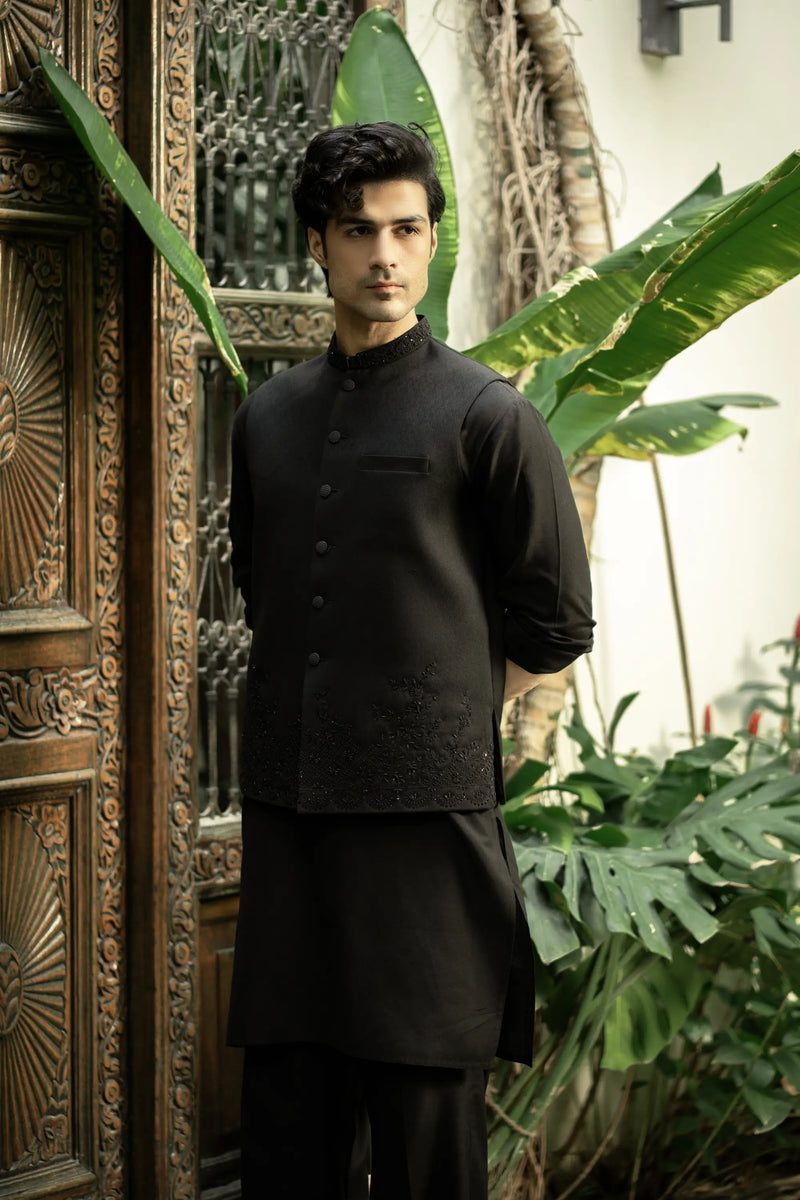 Black Embroidered Waistcoat W-2963
