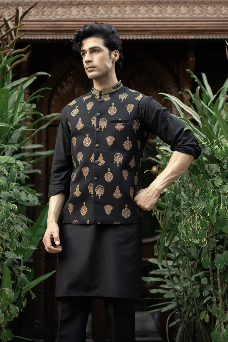 Black Gold Embroidered Waistcoat W-2992