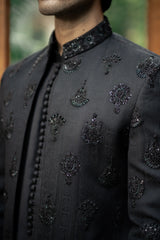 Black Embroidered Front Open Sherwani GS-5149