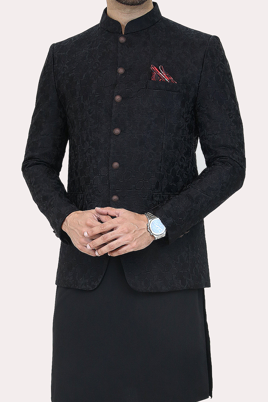 Black Embroidered Prince Coat for Men
