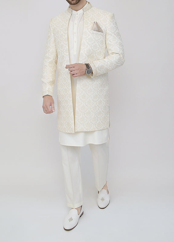 Cream Front Open Sherwani Design
