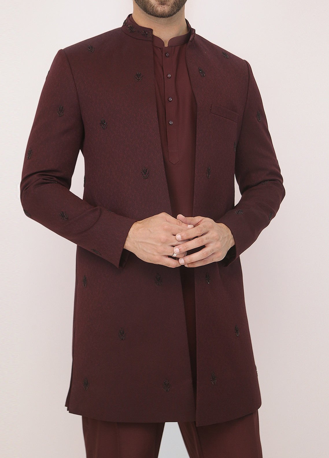 Mehroon Embroidery Sherwani
