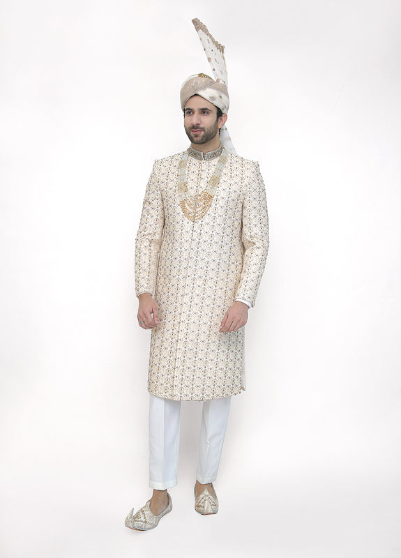 Premium Hand Work Off-White Traditional Sherwani