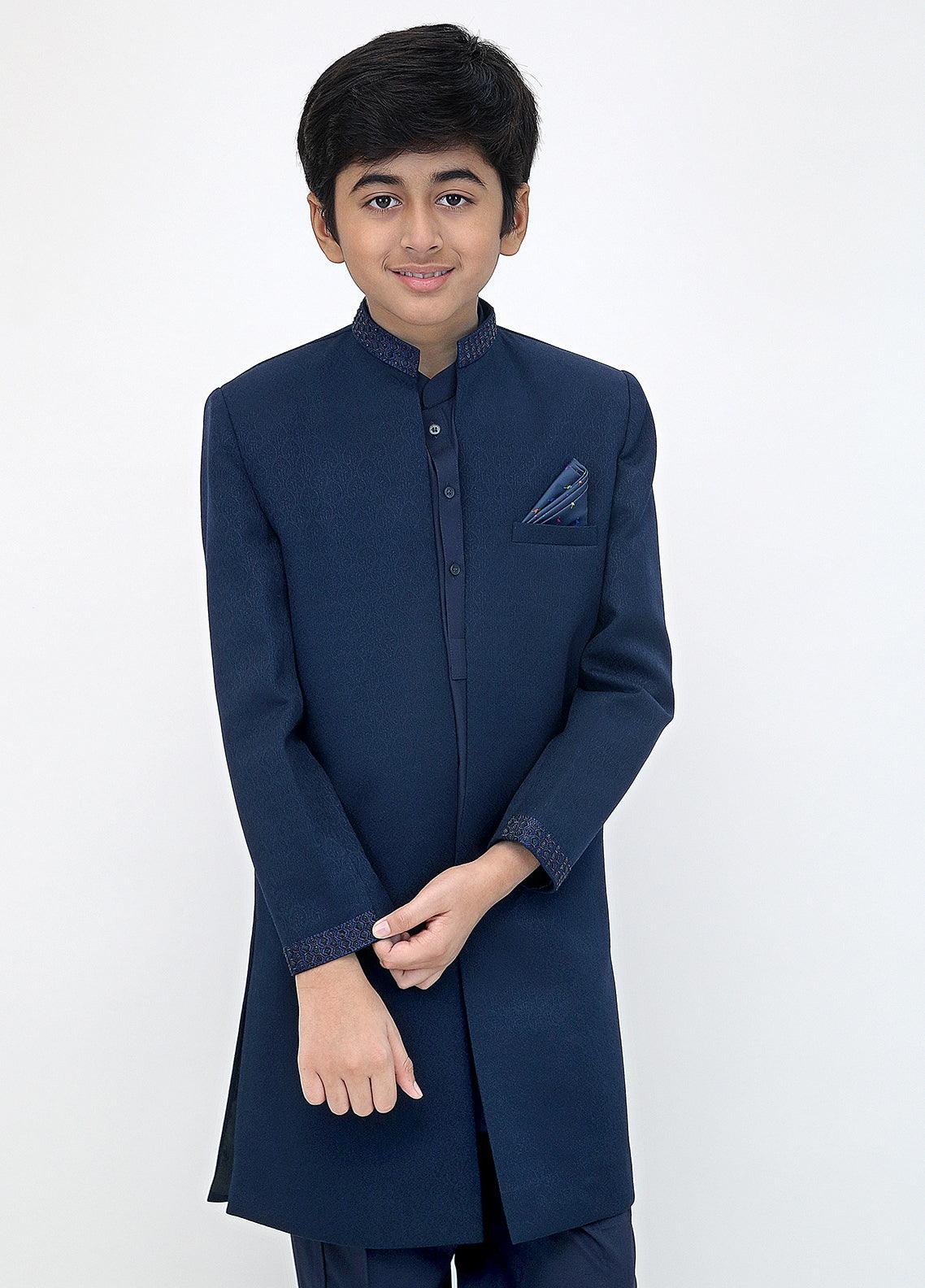 Navy Blue Front Open Kids Sherwani