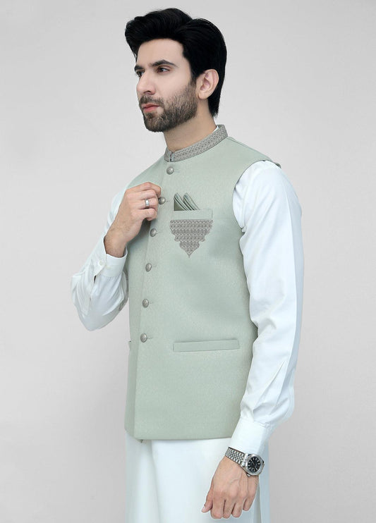 Light Green Hand Embroidery Waistcoat