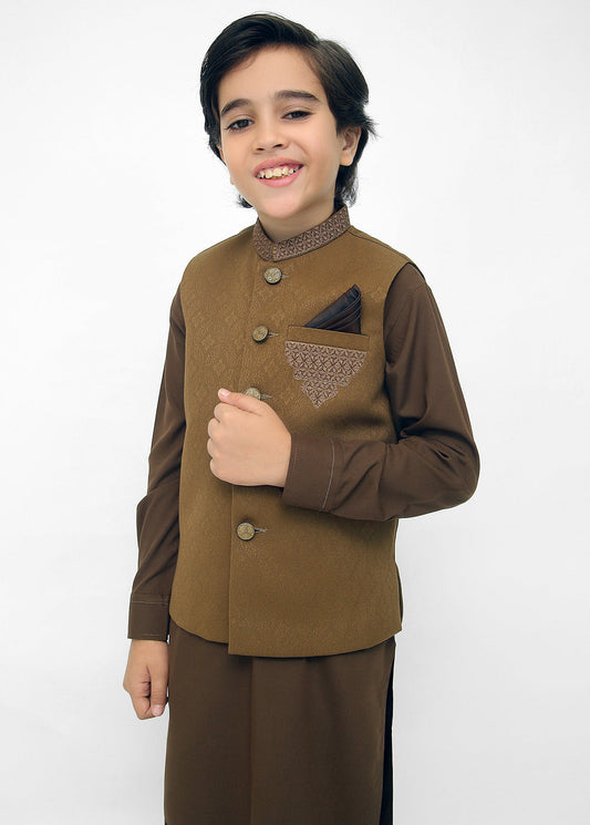 Kids Brown Shalwar Kameez with L-Brown Waistcoat