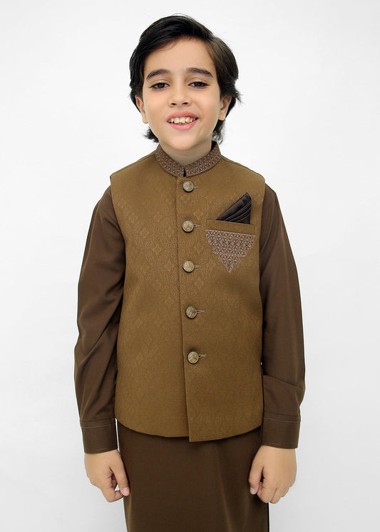 Kids Brown Shalwar Kameez with L-Brown Waistcoat