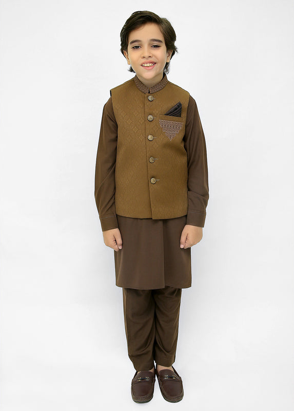 Kids Brown Shalwar Kameez with L-Brown Waistcoat