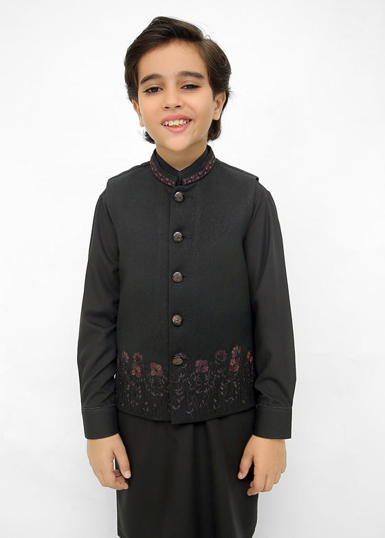 Kids Black Shalwar Kameez With Black Multi EMB Waistcoat