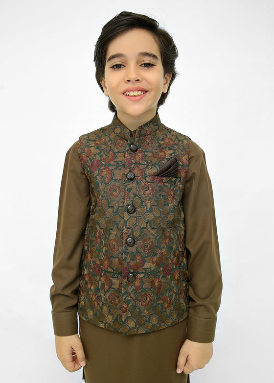 Kids Brown Shalwar Kameez With Brown Emb Waistcoat