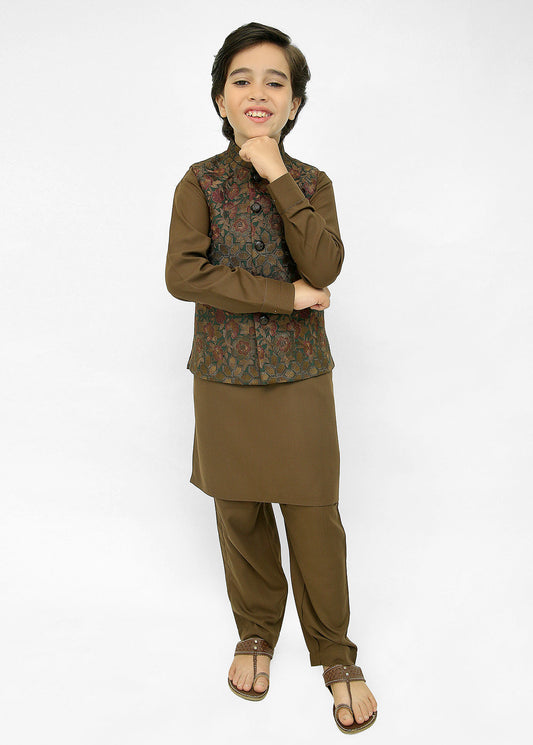 Kids Brown Shalwar Kameez With Brown Emb Waistcoat