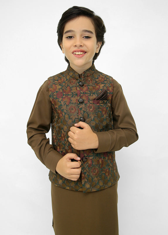 Kids Brown Shalwar Kameez With Brown Emb Waistcoat