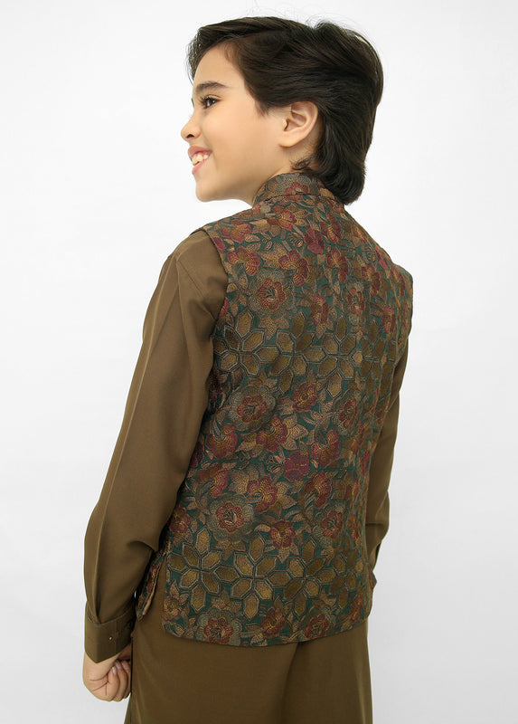 Kids Brown Shalwar Kameez With Brown Emb Waistcoat