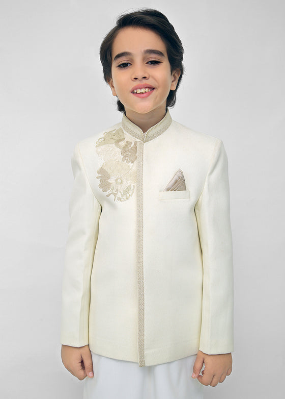 Kids Off White Shalwar Kameez With Cream Emb Prince Coat