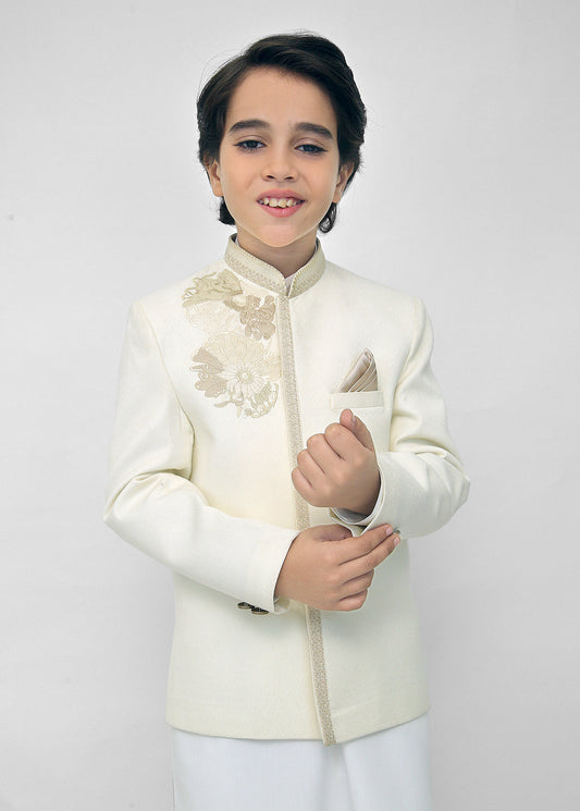 Kids Off White Shalwar Kameez With Cream Emb Prince Coat