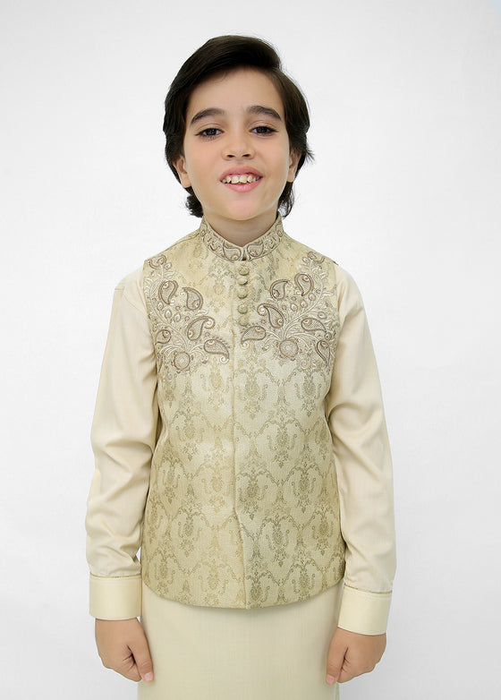 Kids Shalwar Kameez with Golden Green Waistcoat