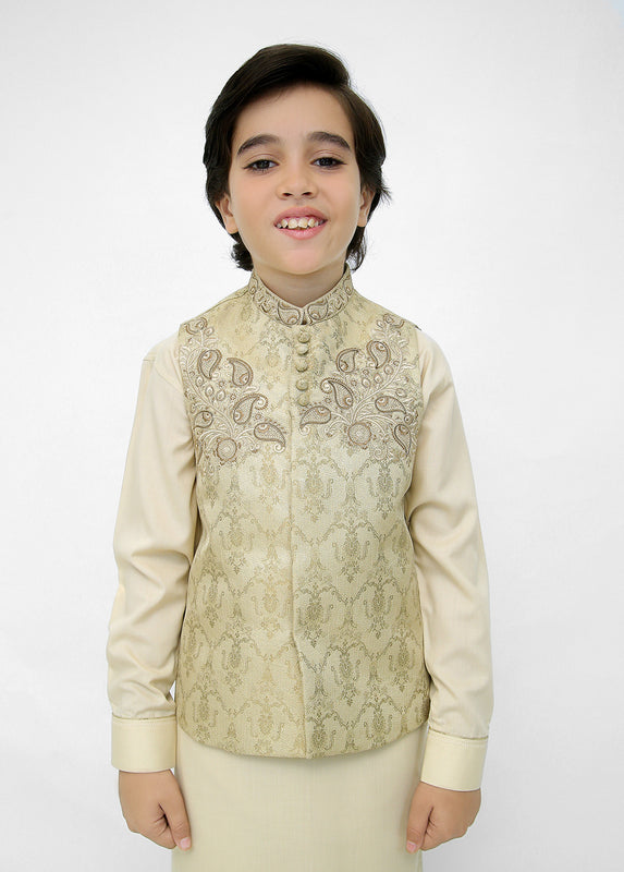 Kids Shalwar Kameez with Golden Green Waistcoat