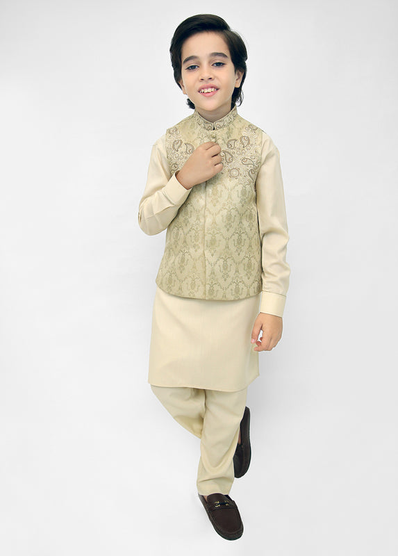 Kids Shalwar Kameez with Golden Green Waistcoat