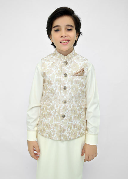 Kids Black Shalwar Kameez with Off White Embroidered Waistcoat