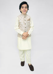 Kids Black Shalwar Kameez with Off White Embroidered Waistcoat