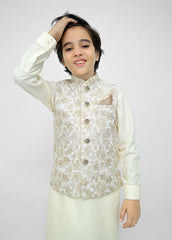 Kids Black Shalwar Kameez with Off White Embroidered Waistcoat