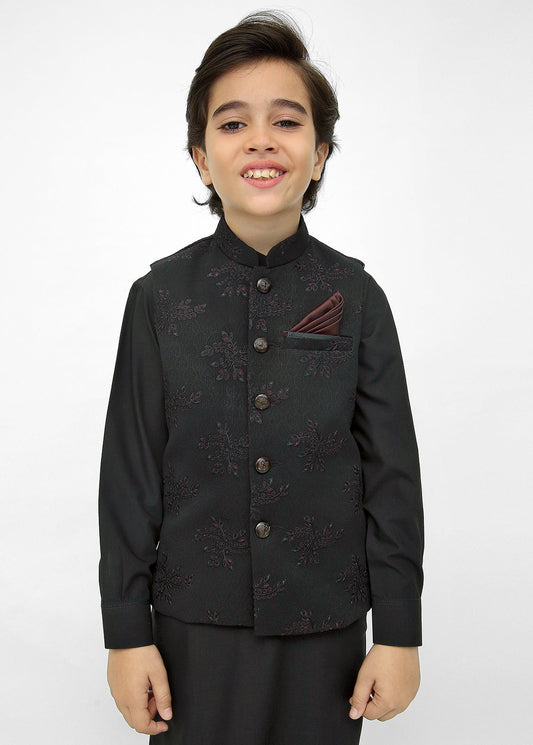 Kids Black Shalwar Kameez with Black EMB Waistcoat