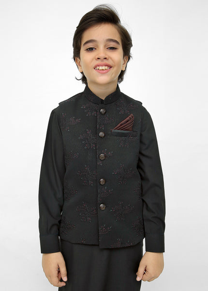 Kids Black Shalwar Kameez with Black EMB Waistcoat