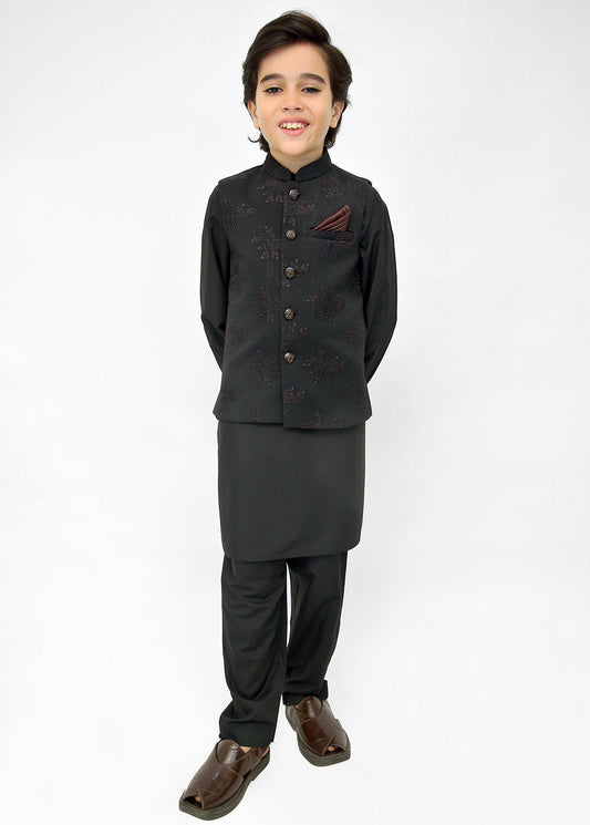 Kids Black Shalwar Kameez with Black EMB Waistcoat