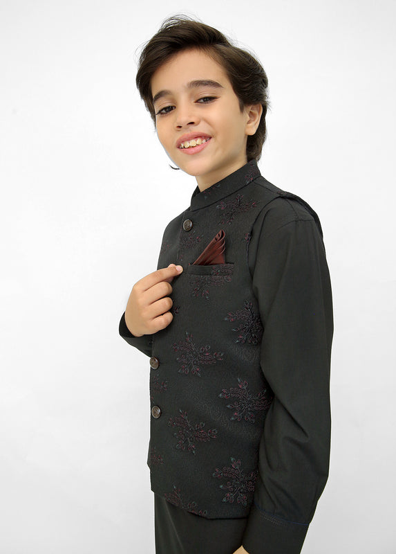 Kids Black Shalwar Kameez with Black EMB Waistcoat