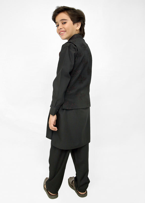 Kids Black Shalwar Kameez with Black EMB Waistcoat