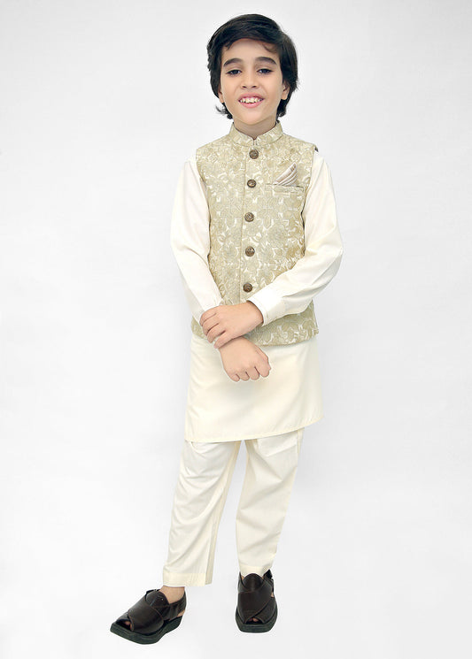 Kids Shalwar Kameez With Cream Emb Waistcoat