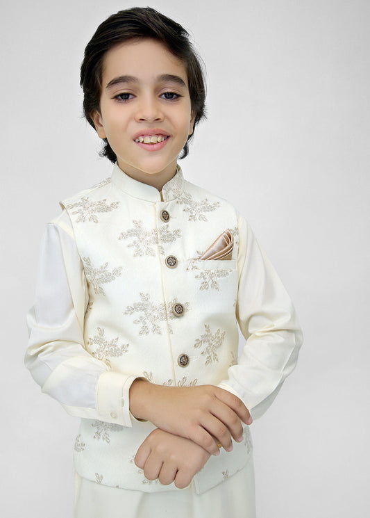 Kids Shalwar Kameez With Off-White Emb Waist Coat