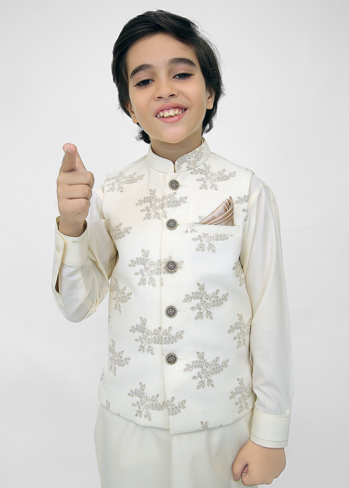 Kids Shalwar Kameez With Off-White Emb Waist Coat