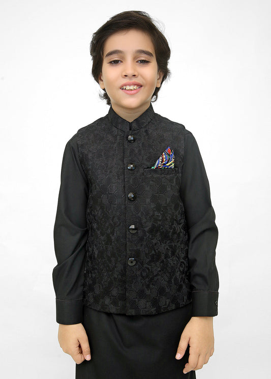 Kids Black Shalwar Kameez With Black Embroidered Waistcoat