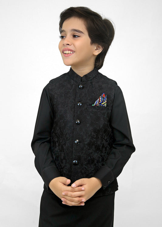 Kids Black Shalwar Kameez With Black Embroidered Waistcoat