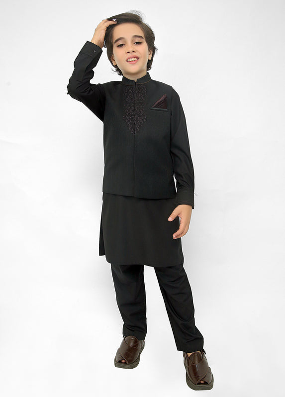 Kids Shalwar Kameez with Black Hand Emb Waistcoat